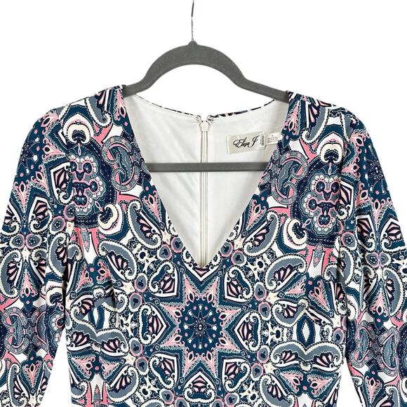 Eliza J Dress Size 8 Multicolor Paisley Print Stretch Knit Fit Flare 3/4 Sleeve - Picture 4 of 12